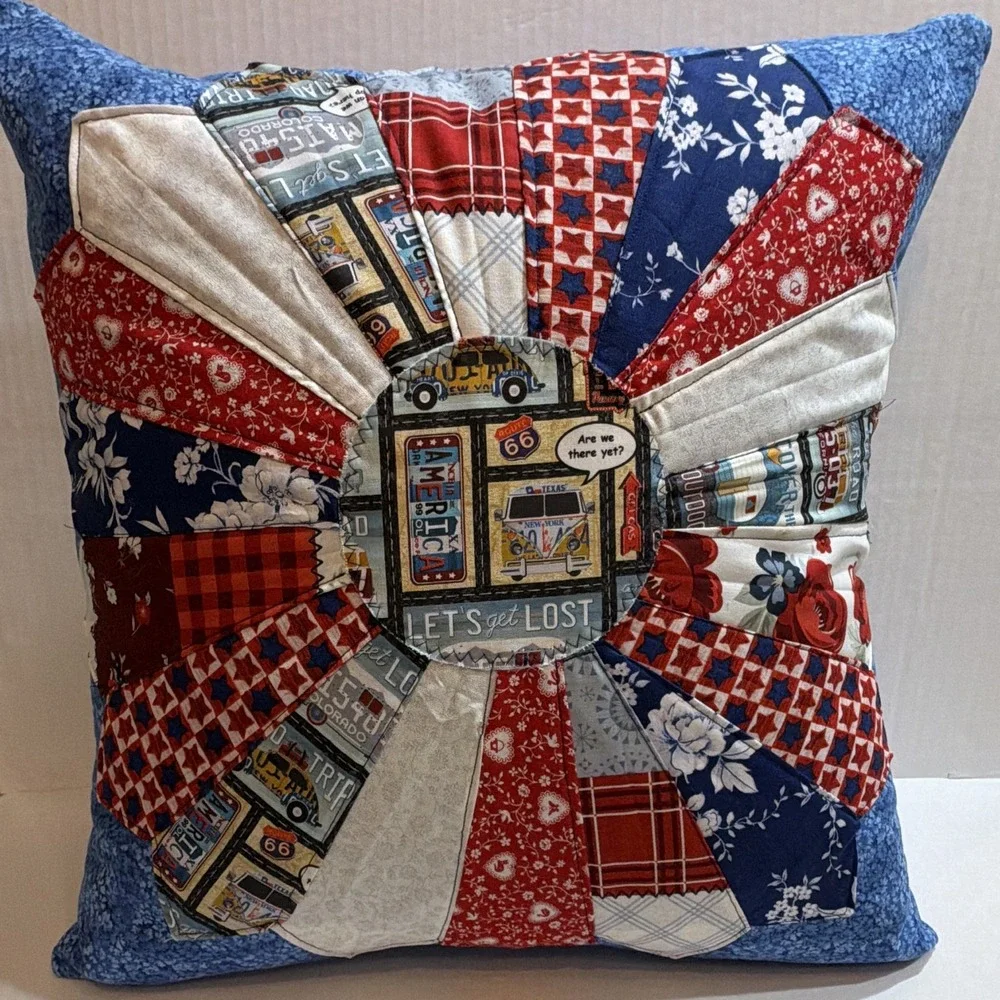 Handcrafted Square Dresden Plate Patchwork Route 66 Patriotic pillow Multicolor
